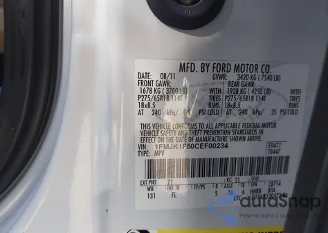 2012 Ford Expedition El Xl из США, поврежденный, VIN 1FMJK1F50CEF00234